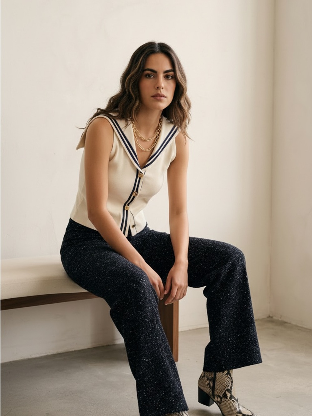 For Love & Lemons Cream Sailor-Trim Sleeveless Top